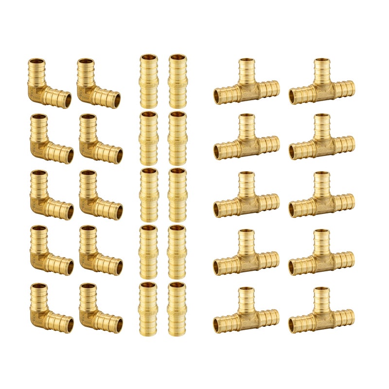 EFIELD (Pack of 30) EFIELD 3/4" Pex Brass Crimp Barb Fittings: Tee, Elbow and Coupling, 10 Pieces each, ASTM F1807,(PEX1807199) - Image 1